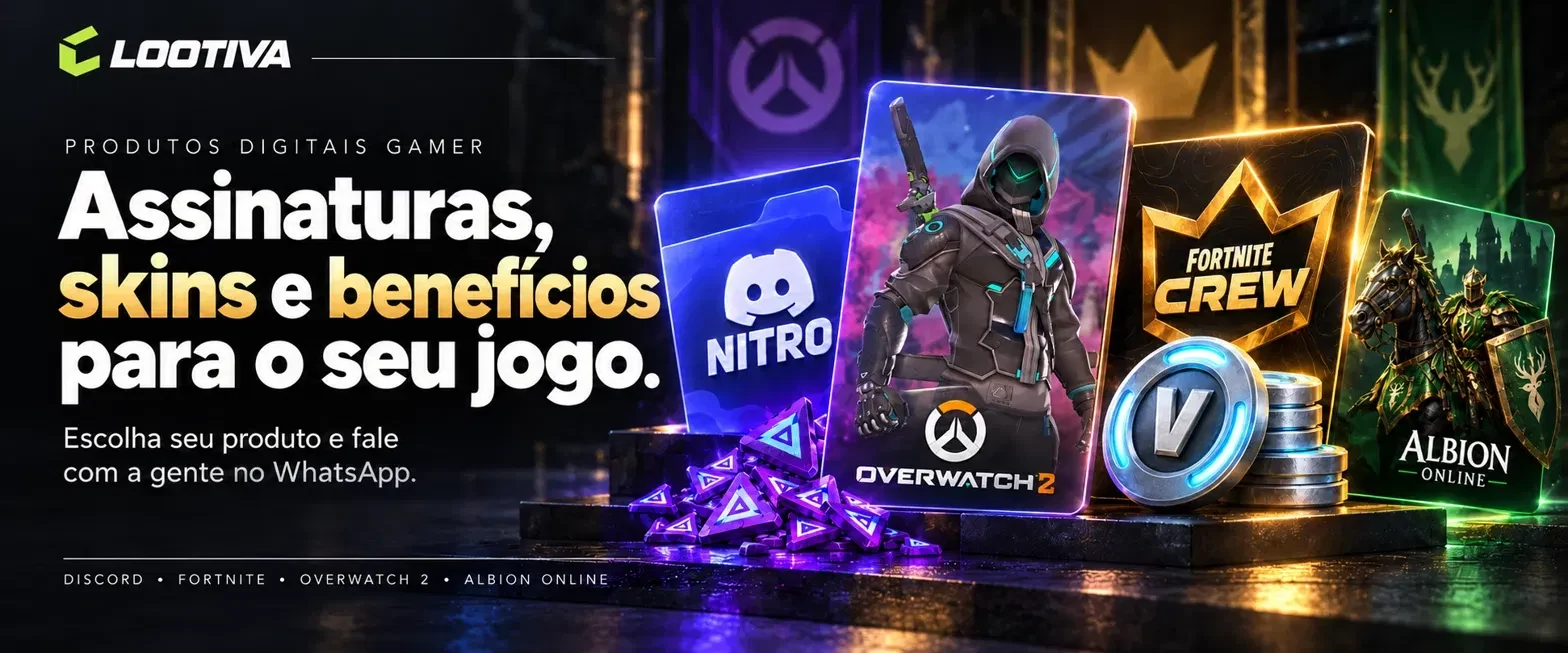 Cartões de Discord Nitro, Overwatch 2, Fortnite Crew e Albion Online, com V-Bucks e Prismas Míticos.
