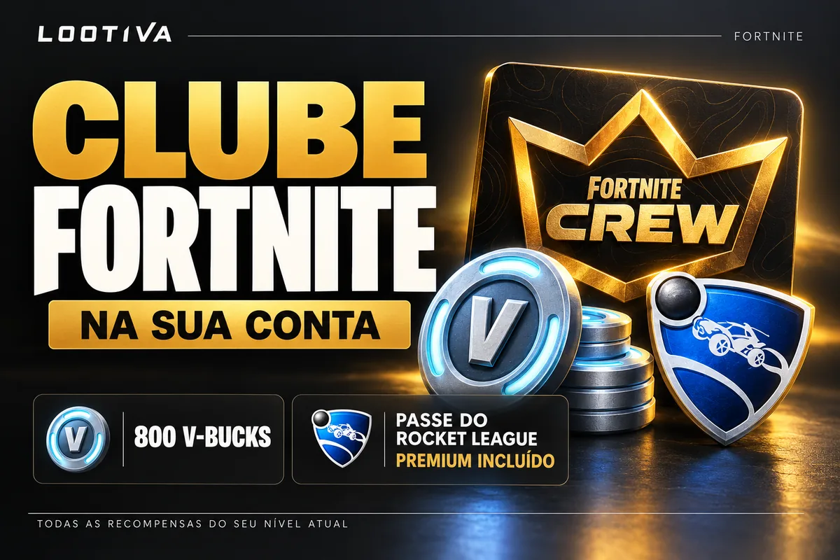 Arte Lootiva: Clube Fortnite na sua conta. 800 V-Bucks e Passe do Rocket League Premium incluído. Todas as recompensas do seu nível atual.