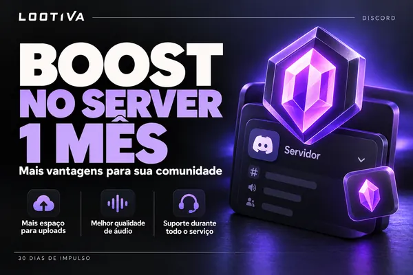 Arte Lootiva: Boost no server 1 mês. Mais vantagens para sua comunidade. Mais espaço para uploads, melhor qualidade de áudio e suporte durante todo o serviço. 30 dias de impulso.