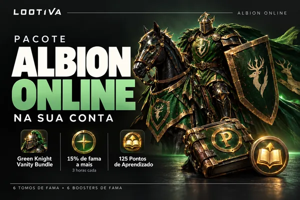 Arte Lootiva: Pacote Albion Online na sua conta. Green Knight Vanity Bundle, 15% de fama a mais por 3 horas cada e 125 Pontos de Aprendizado. 6 Tomos de Fama e 6 Boosters de Fama.